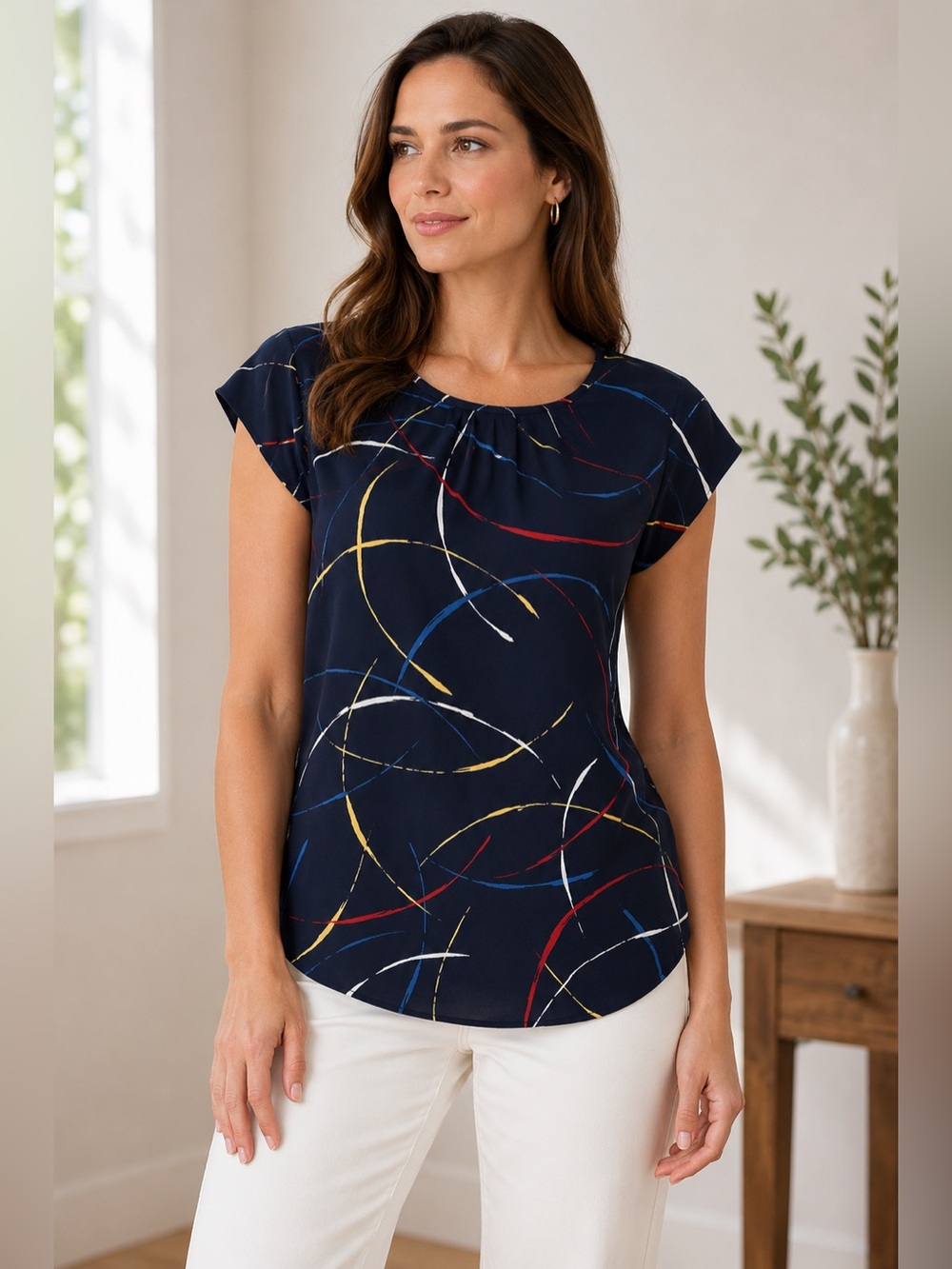 Joie Abstract Print Cap Sleeve Keyhole Back Blouse Navy Multicolor Size Small